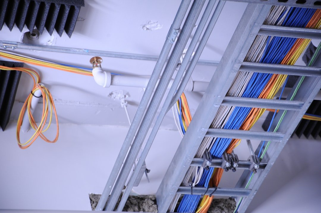 Networking cables, ceiling, sprinklers, technology firm, Seattle, Washington, USA